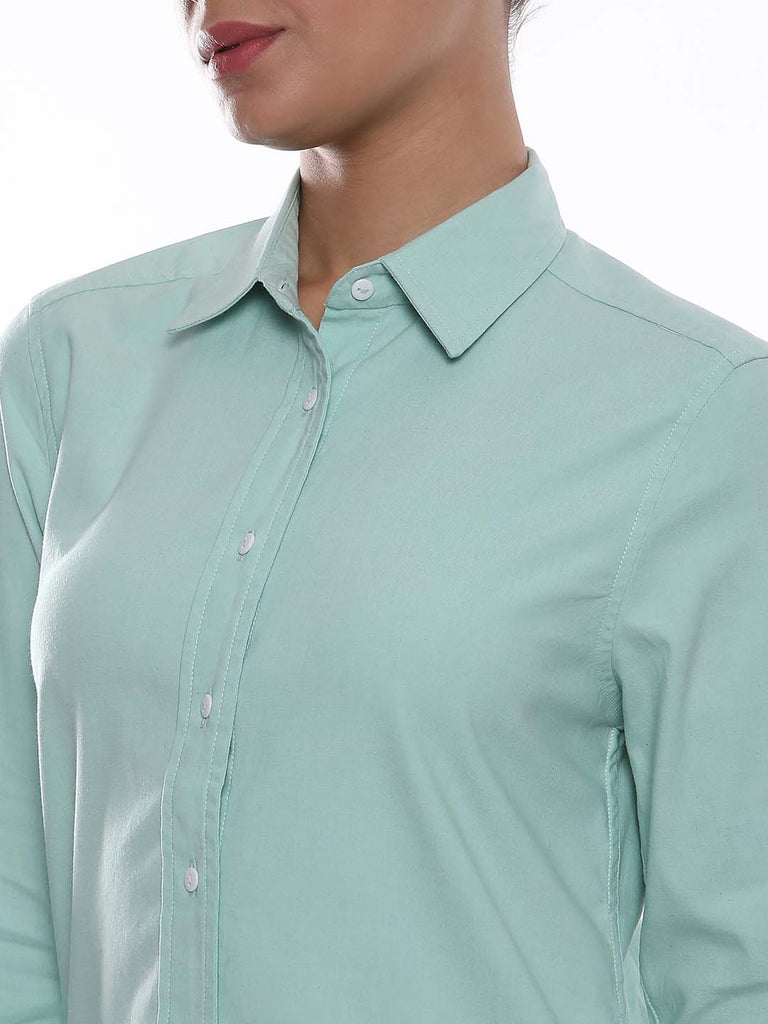 Anemone Mint Green Coloured Denim Long Shirt for Women - Rome Fit from GAZILLION - Front Detail