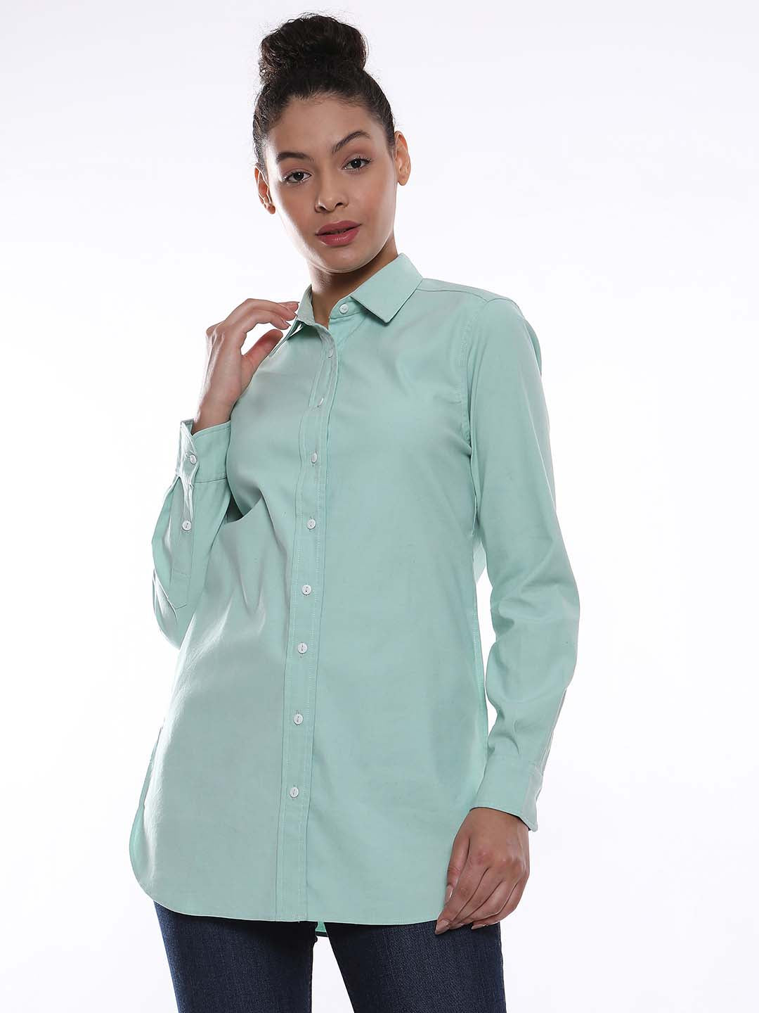 Anemone Mint Green Coloured Denim Long Shirt for Women - Rome Fit from GAZILLION - Front Look