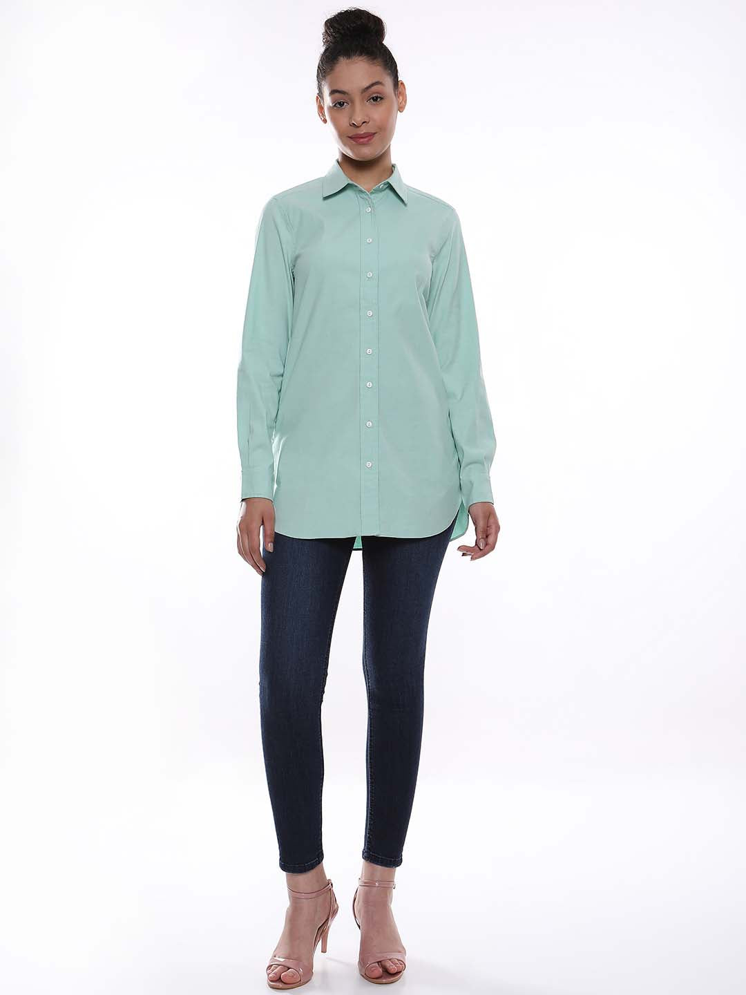 Anemone Mint Green Coloured Denim Long Shirt for Women - Rome Fit from GAZILLION - Standing Stylised Look With Accessories