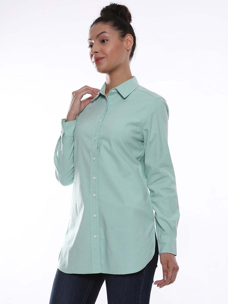 Anemone Mint Green Coloured Denim Long Shirt for Women - Rome Fit from GAZILLION - Left Side Look