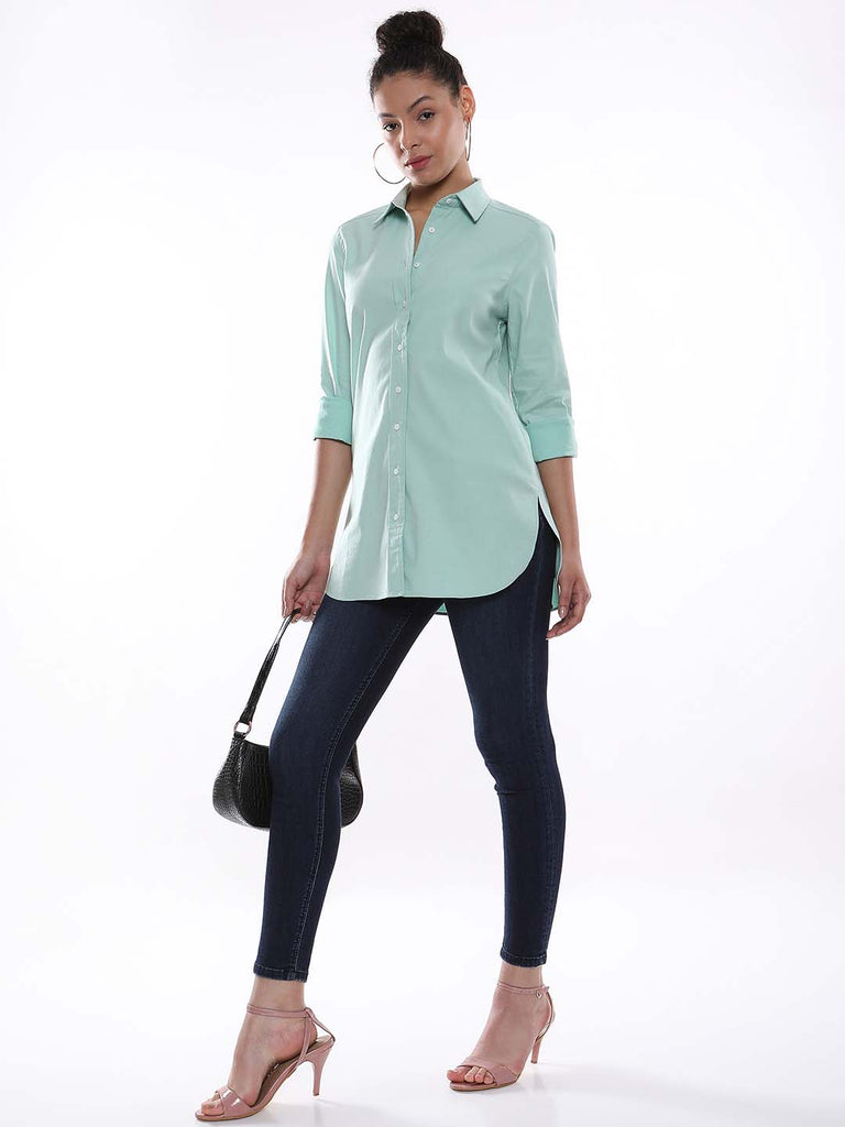 Anemone Mint Green Coloured Denim Long Shirt for Women - Rome Fit from GAZILLION - Standing Stylised Look With Accessories