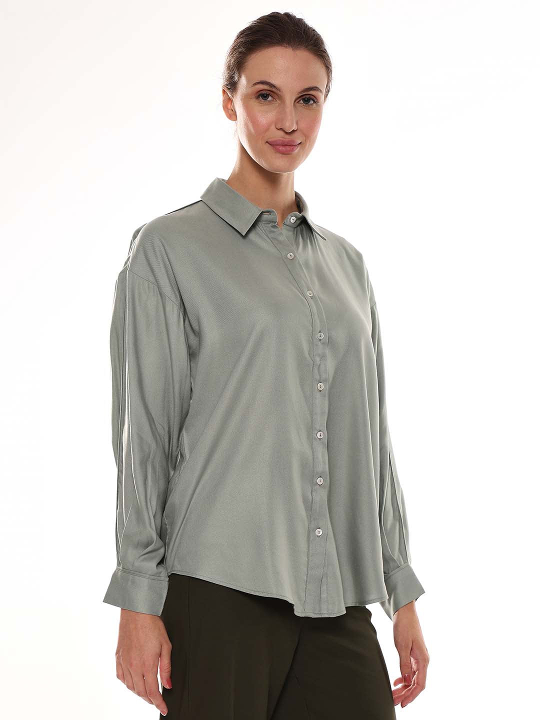 Angel Sage Green Soft Viscose Drop Shoulder Shirt for Women - Paris Fit from GAZILLION - Right Side Look