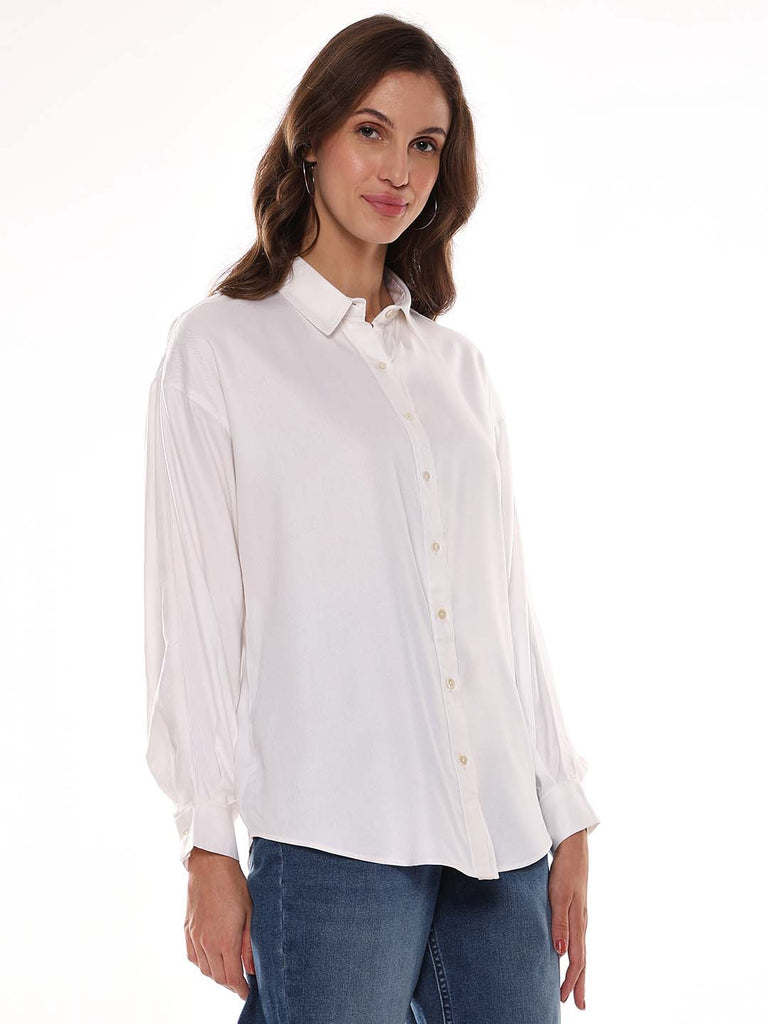 Angel White Soft Viscose Drop Shoulder Shirt for Women - Paris Fit from GAZILLION - Right Side Look