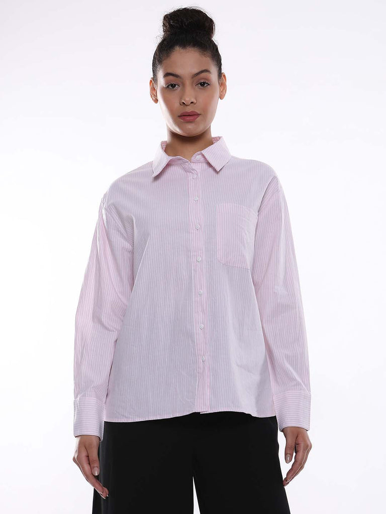 Anissa Pink & White Striped Oxford Cotton Oversized Shirt for Women - Copenhagen Fit from GAZILLION - Front Look