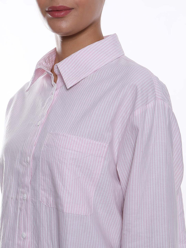 Anissa Pink & White Striped Oxford Cotton Oversized Shirt for Women - Copenhagen Fit from GAZILLION - Left Side Detail