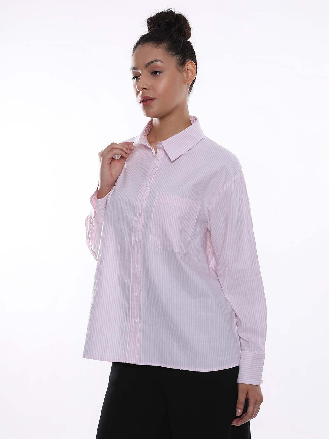 Anissa Pink & White Striped Oxford Cotton Oversized Shirt for Women - Copenhagen Fit from GAZILLION - Left Side Look