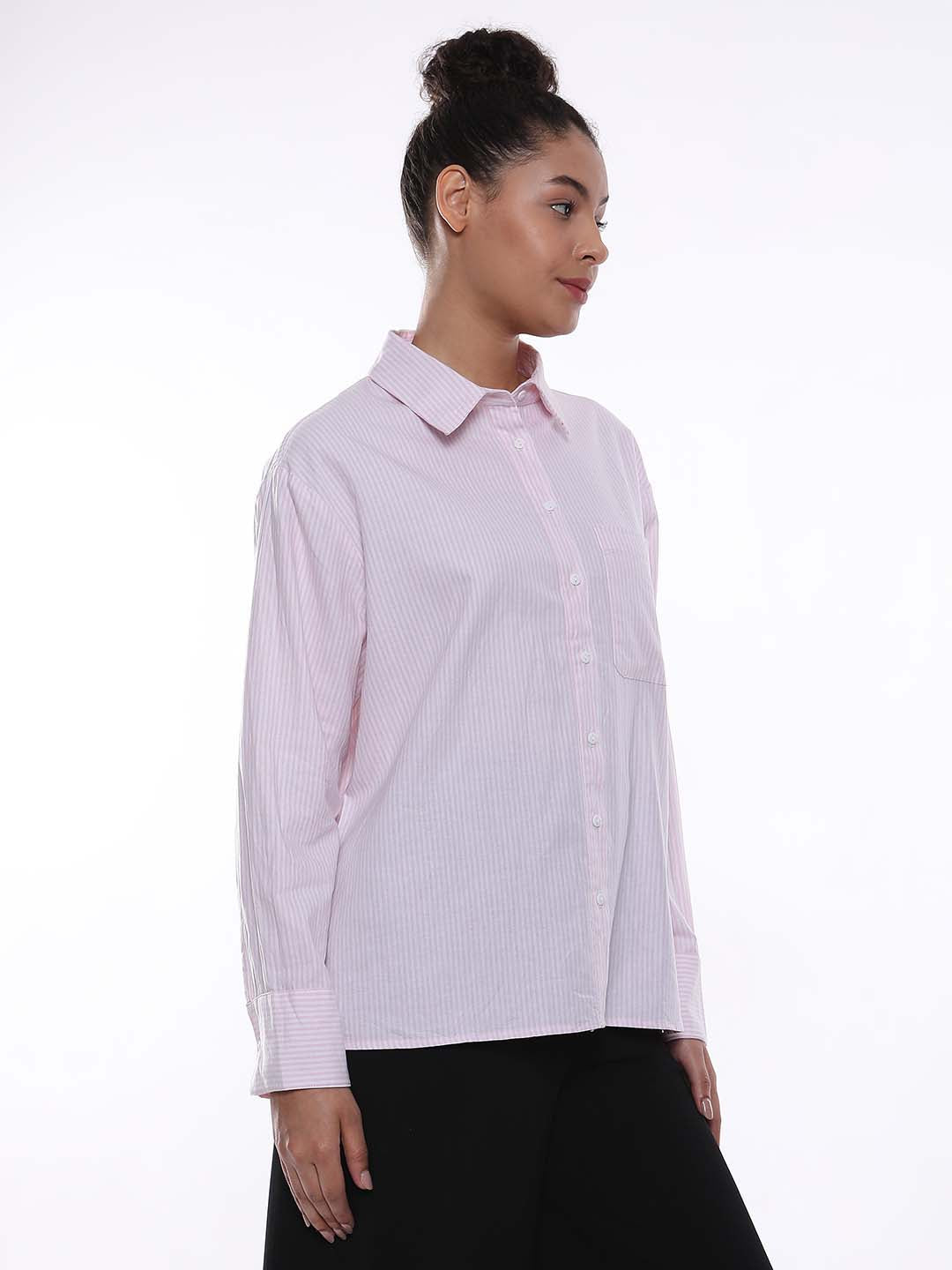 Anissa Pink & White Striped Oxford Cotton Oversized Shirt for Women - Copenhagen Fit from GAZILLION - Right Side Look