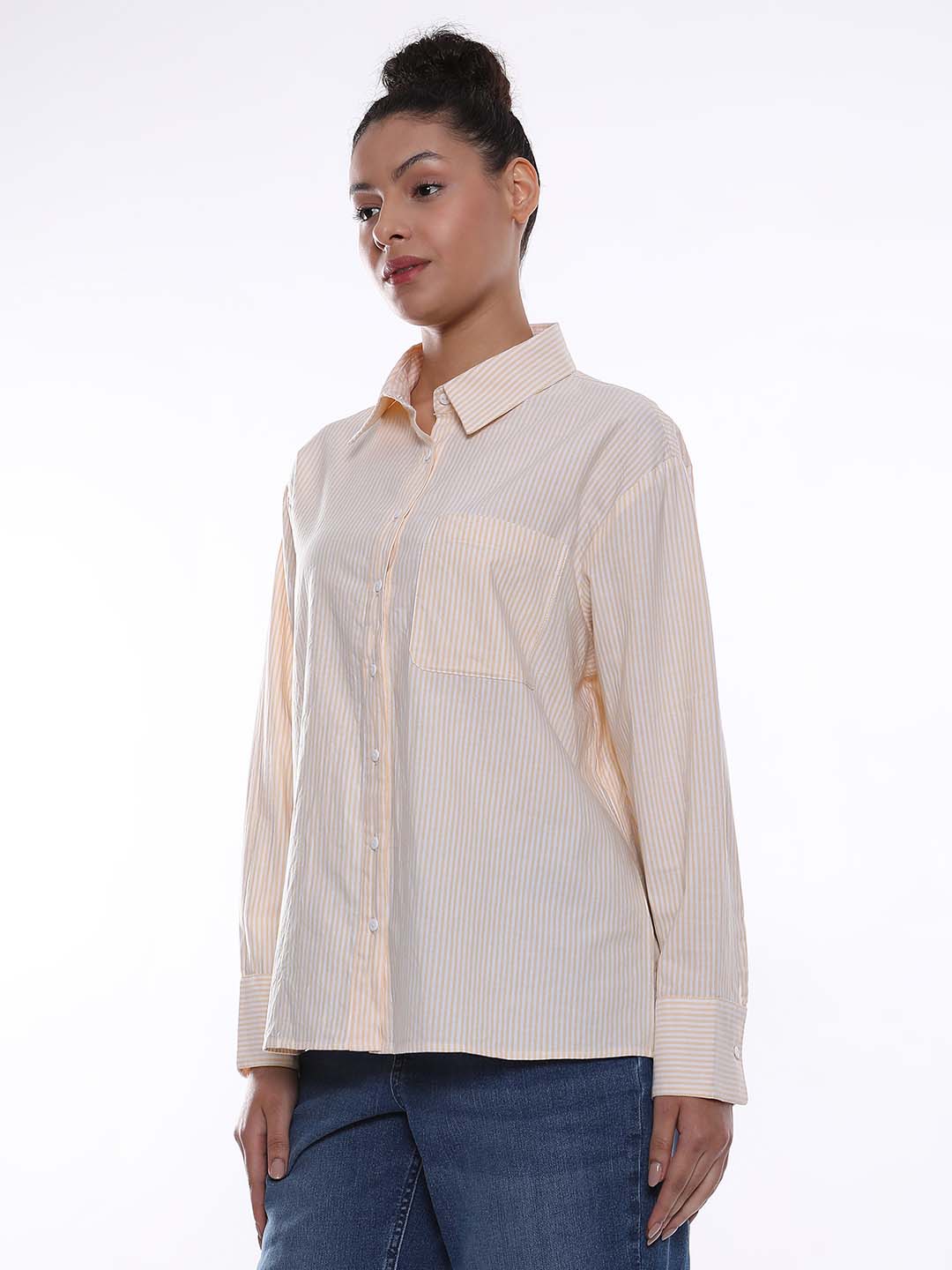 Anissa Yellow & White Striped Oxford Cotton Oversized Shirt for Women - Copenhagen Fit from GAZILLION - Left Side Look