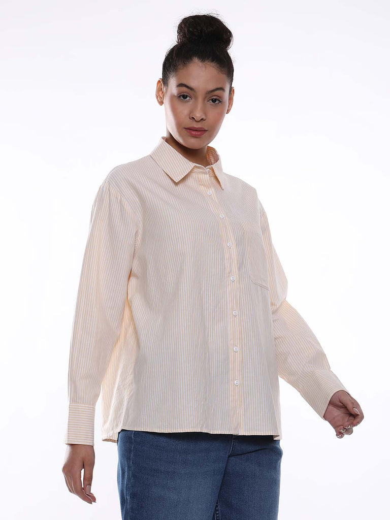 Anissa Yellow & White Striped Oxford Cotton Oversized Shirt for Women - Copenhagen Fit from GAZILLION - Right Side Look