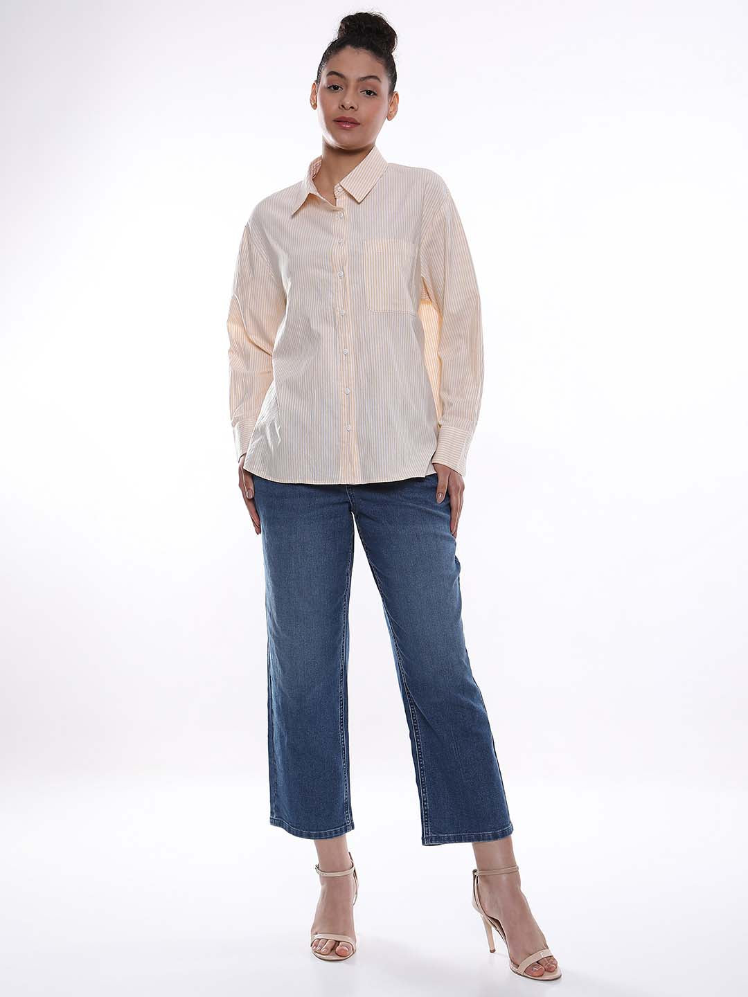 Anissa Yellow & White Striped Oxford Cotton Oversized Shirt for Women - Copenhagen Fit from GAZILLION - Standing Stylised Look