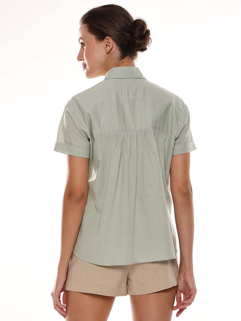 Ariana Sage Green Slubbed Cotton Loose Shirt for Women - Madrid Fit from GAZILLION - Back Look
