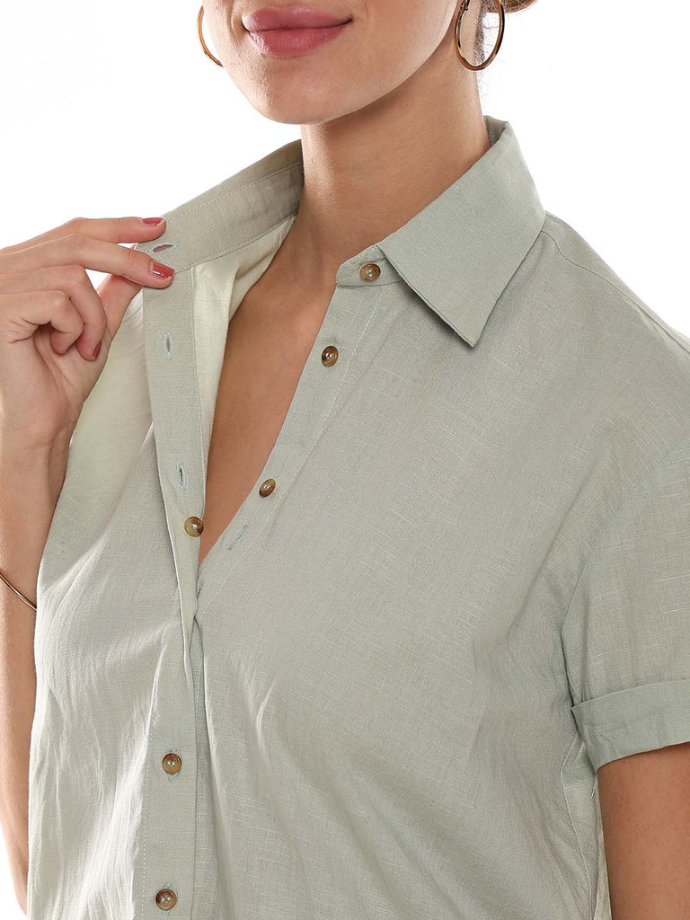 Ariana Sage Green Slubbed Cotton Loose Shirt for Women - Madrid Fit from GAZILLION - Dignity Buttons Detail