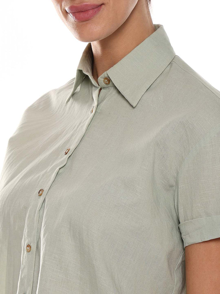 Ariana Sage Green Slubbed Cotton Loose Shirt for Women - Madrid Fit from GAZILLION - Front Detail