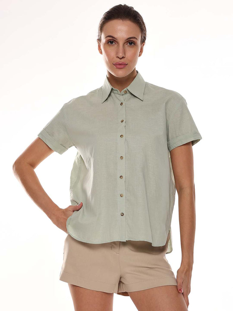Ariana Sage Green Slubbed Cotton Loose Shirt for Women - Madrid Fit from GAZILLION - Front Look