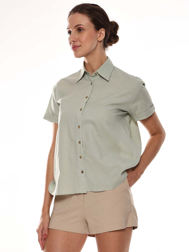 Ariana Sage Green Slubbed Cotton Loose Shirt for Women - Madrid Fit from GAZILLION - Left Side Look