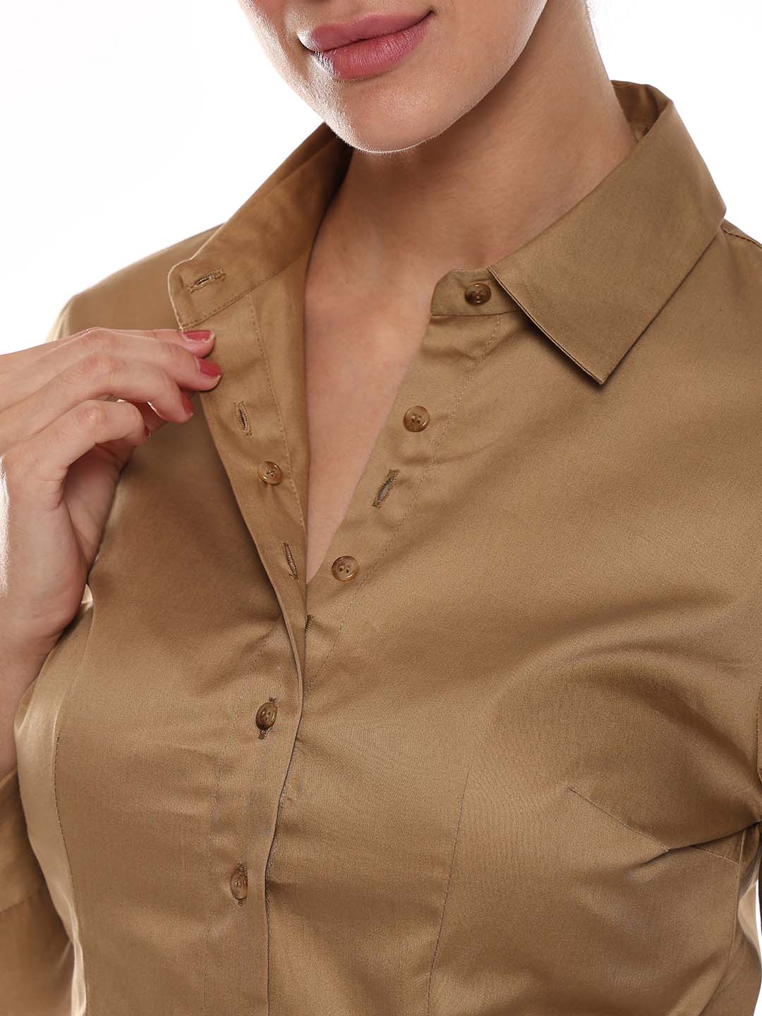 Armani Beige Khaki Cotton Formal Shirt for Women - Munich Fit from GAZILLION - Dignity Buttons Detail