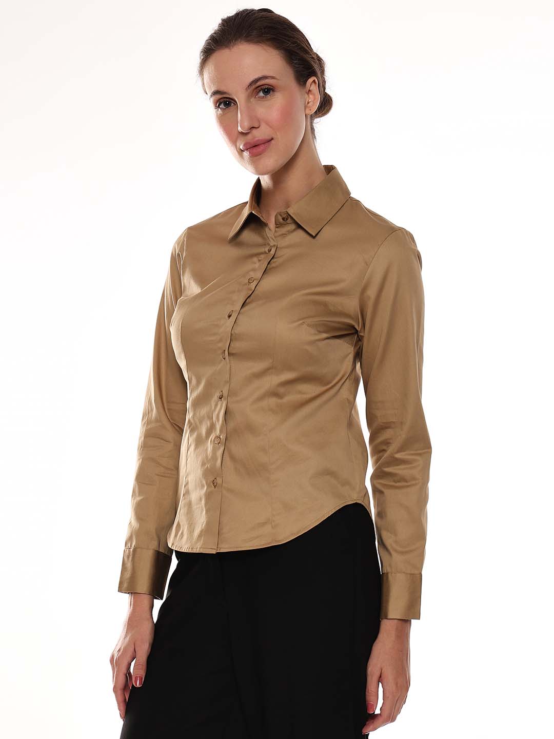 Armani Beige Khaki Cotton Formal Shirt for Women - Munich Fit from GAZILLION - Left Side Look