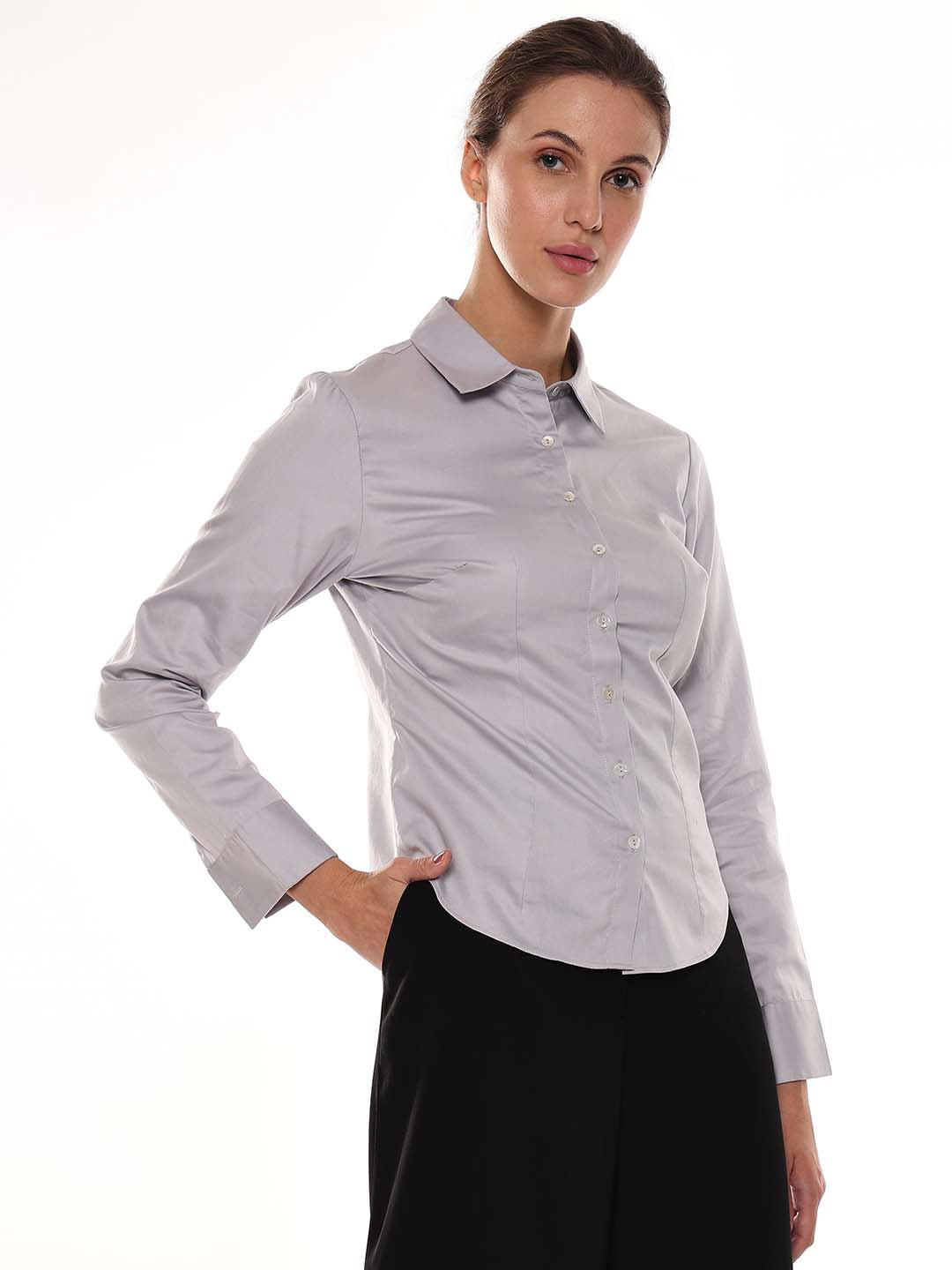 Armani Light Grey Cotton Formal Shirt for Women - Munich Fit from GAZILLION - Right Side Look