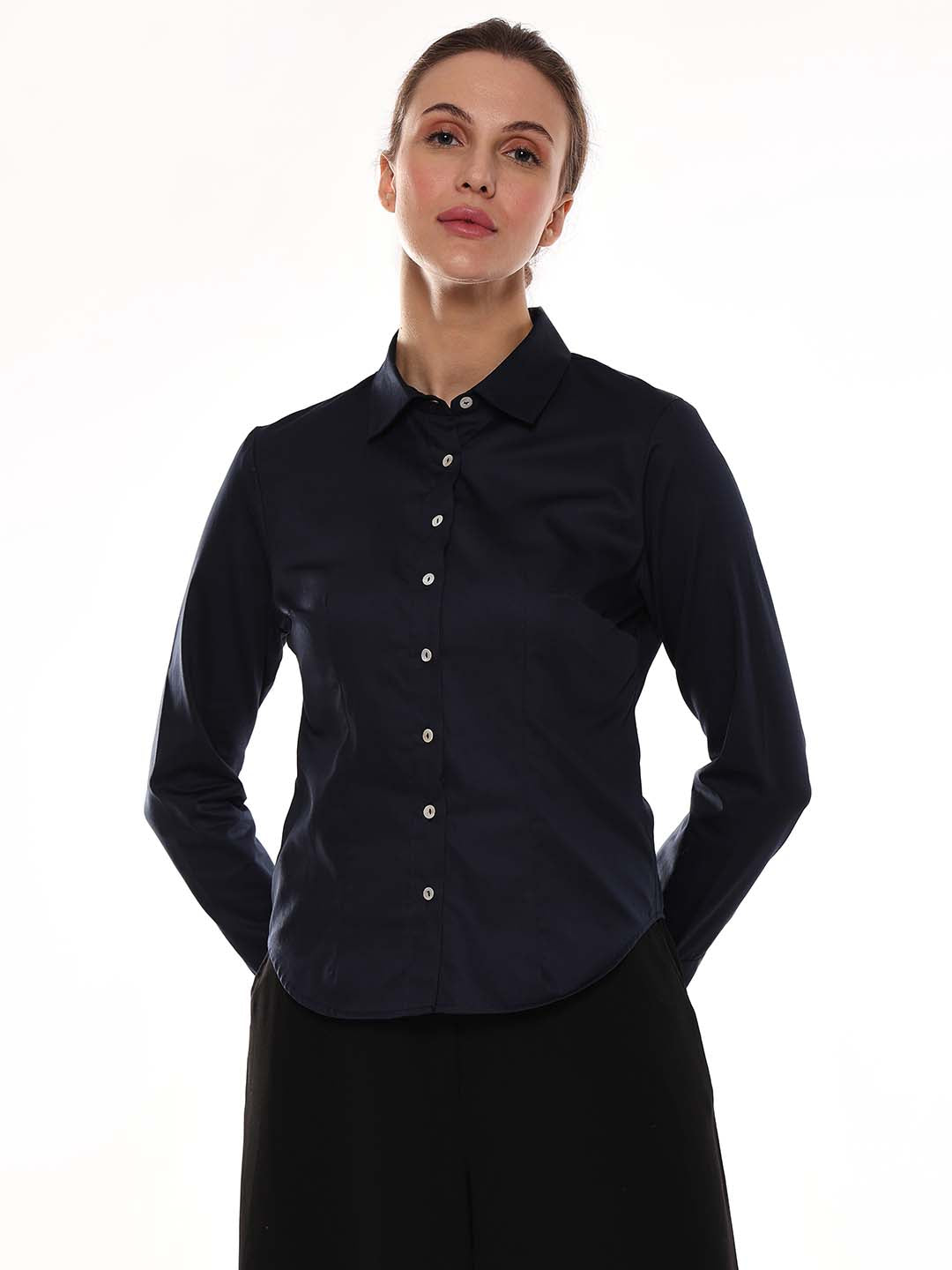 Armani Navy Blue Cotton Formal Shirt for Women - Munich Fit from GAZILLION - Front Look