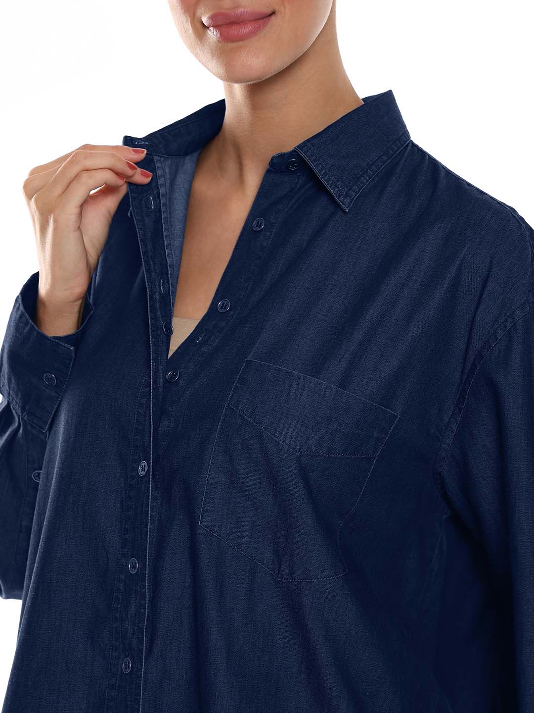 Athena Blue Denim Oversized Shirt for Woman - Brussels Fit from GAZILLION - Dignity Buttons Detail