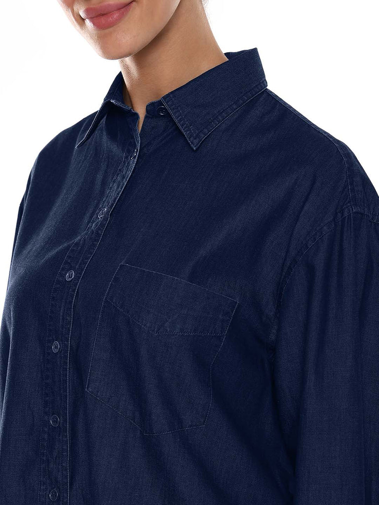 Athena Blue Denim Oversized Shirt for Woman - Brussels Fit from GAZILLION - Left Side Detail