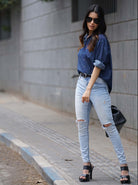 Athena Blue Denim Oversized Shirt for Woman from GAZILLION - Outdoor Posing Stylised Look