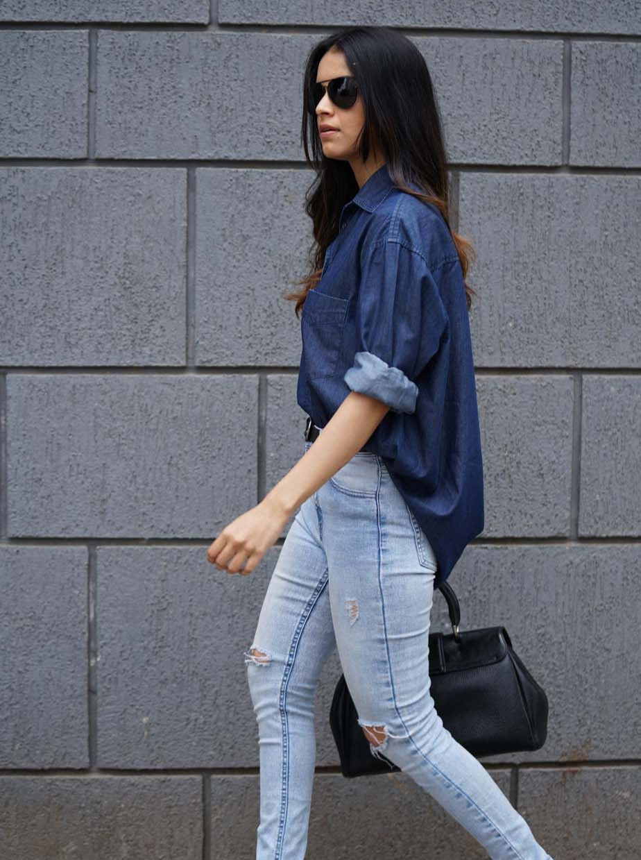 Athena Blue Denim Oversized Shirt for Woman from GAZILLION - Outdoor Stylised Look Side Shot