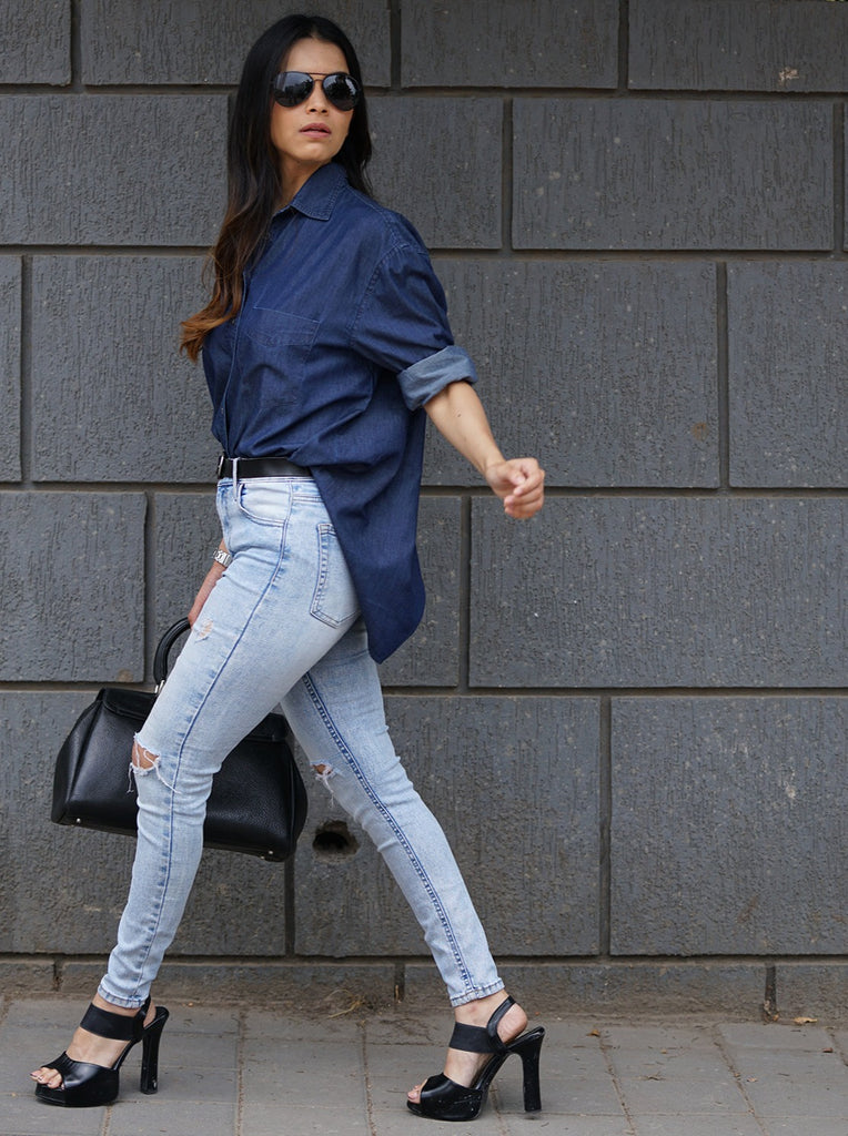 Athena Blue Denim Oversized Shirt for Woman from GAZILLION - Walking Stylised Look