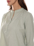 Audrey Sage Green Slubbed Cotton Tunic Shirt for Women - Istanbul Fit from GAZILLION - Front Detail