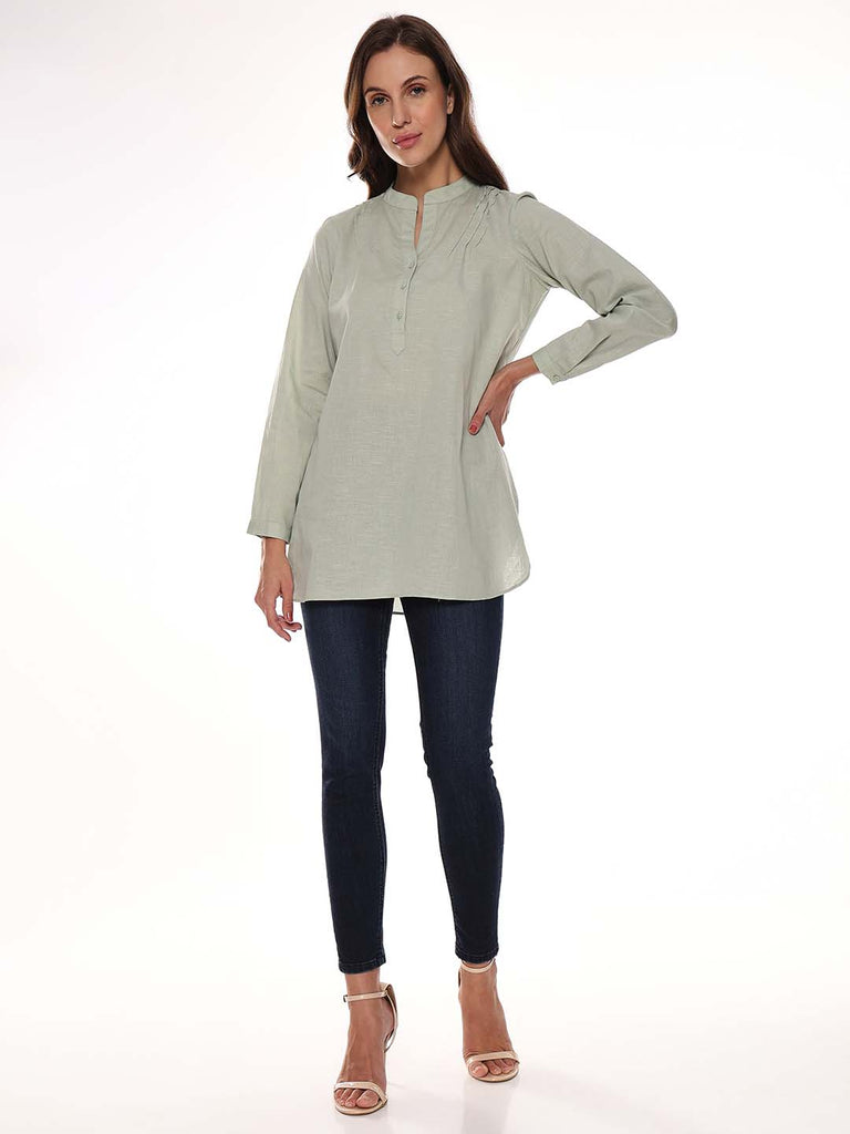 Audrey Sage Green Slubbed Cotton Tunic Shirt for Women - Istanbul Fit from GAZILLION - Full Standing Stylised Look