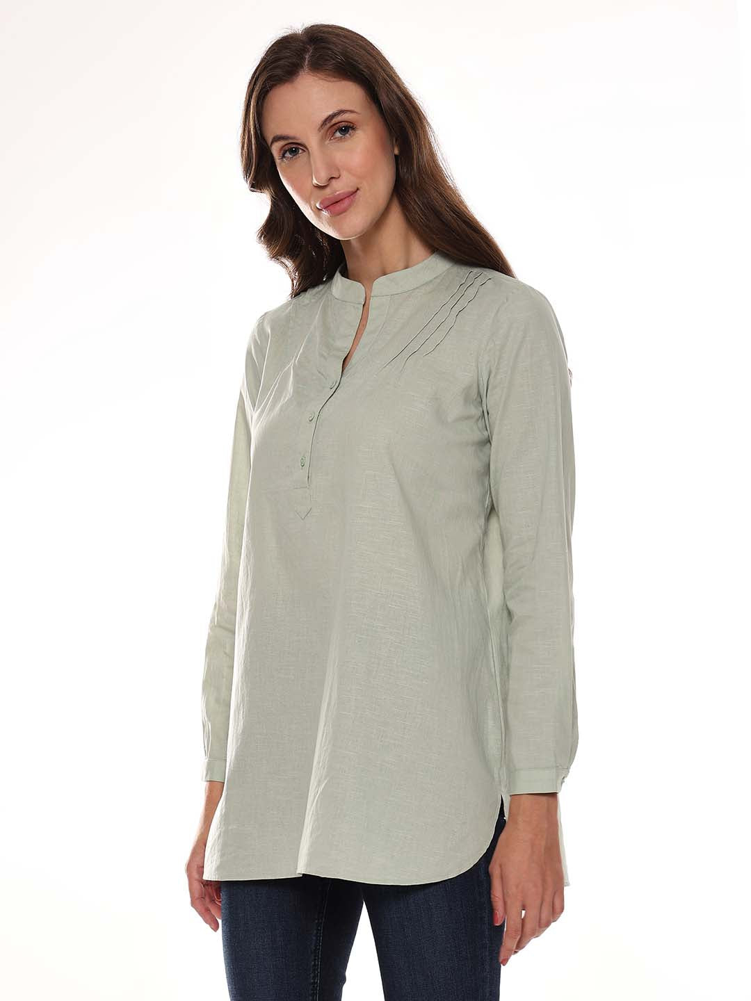 Audrey Sage Green Slubbed Cotton Tunic Shirt for Women - Istanbul Fit from GAZILLION - Left Side Look