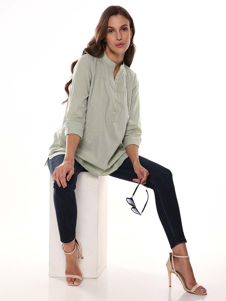 Audrey Sage Green Slubbed Cotton Tunic Shirt for Women - Istanbul Fit from GAZILLION - Seated Stylised Look
