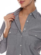 Aura Grey Oxford Cotton Chambray Shirt for Women - Lisbon Fit from GAZILLION - Dignity Buttons Detail