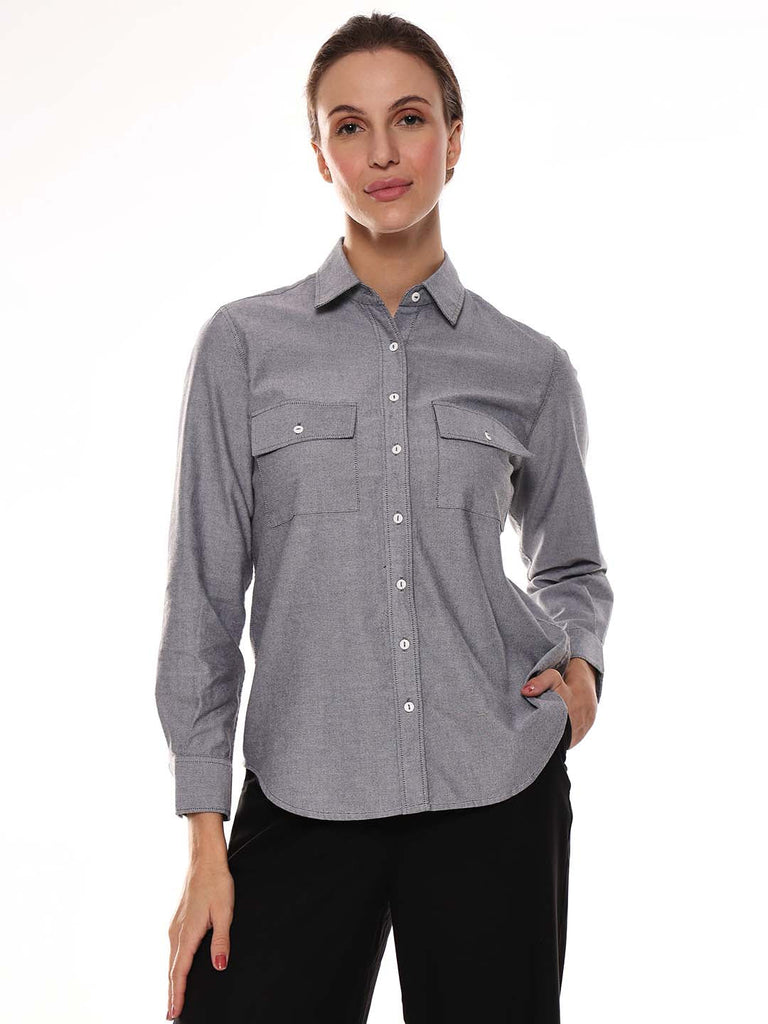 Aura Grey Oxford Cotton Chambray Shirt for Women - Lisbon Fit from GAZILLION - Front Look