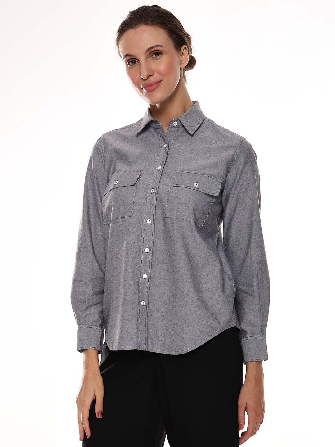 Aura Grey Oxford Cotton Chambray Shirt for Women - Lisbon Fit from GAZILLION - Left Side Look