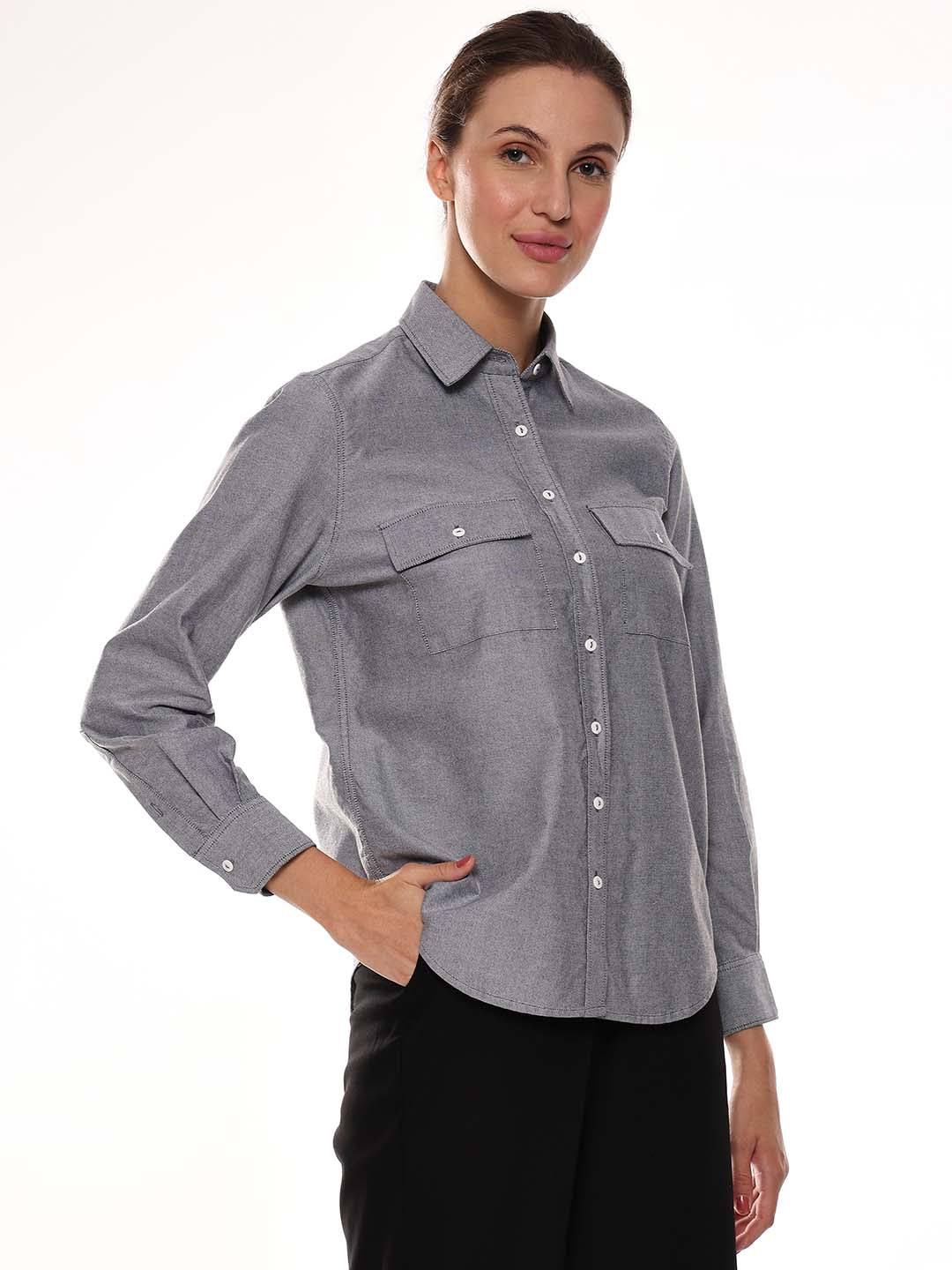 Aura Grey Oxford Cotton Chambray Shirt for Women - Lisbon Fit from GAZILLION - Right Side Look