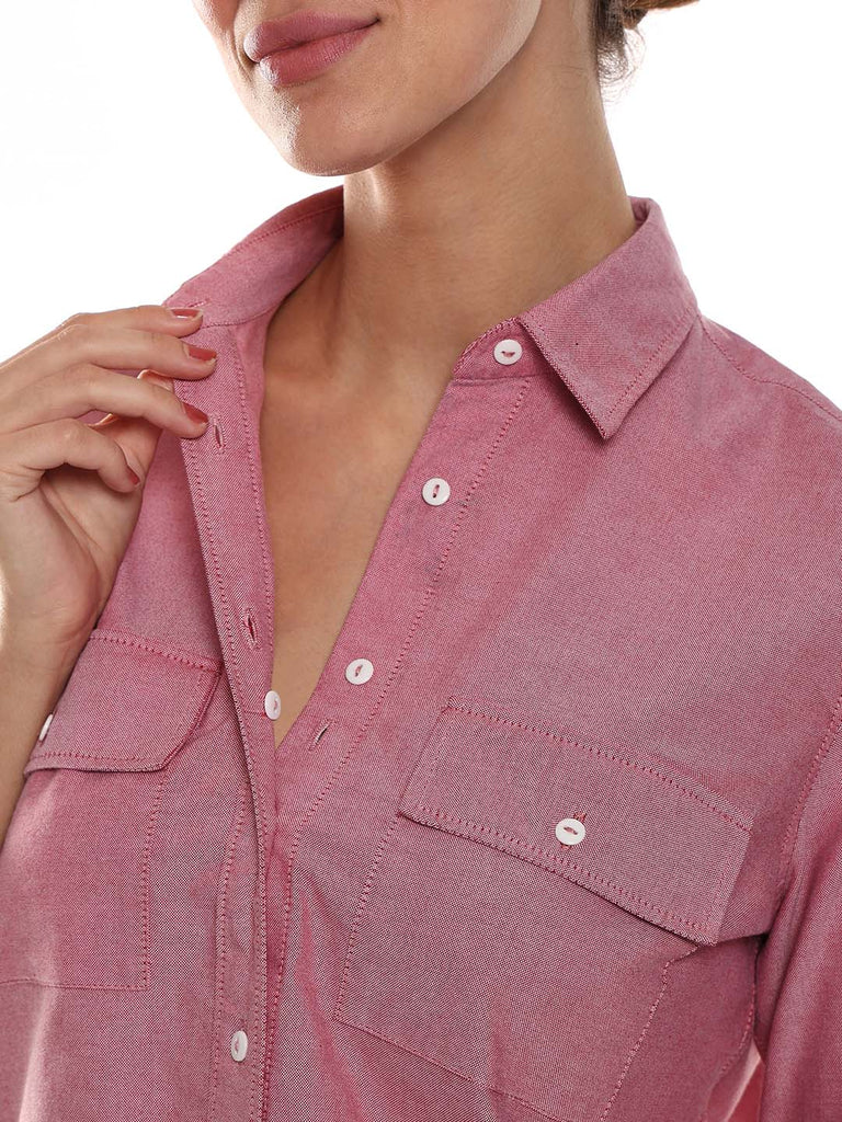 Aura Red Oxford Cotton Chambray Shirt for Women - Lisbon Fit from GAZILLION - Dignity Buttons Detail