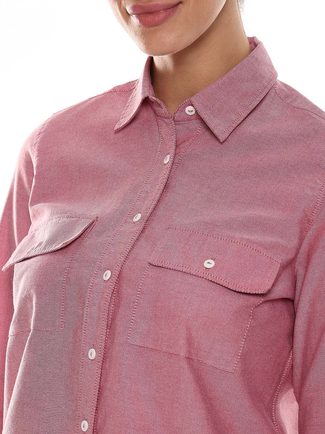 Aura Red Oxford Cotton Chambray Shirt for Women - Lisbon Fit from GAZILLION - Front Detail