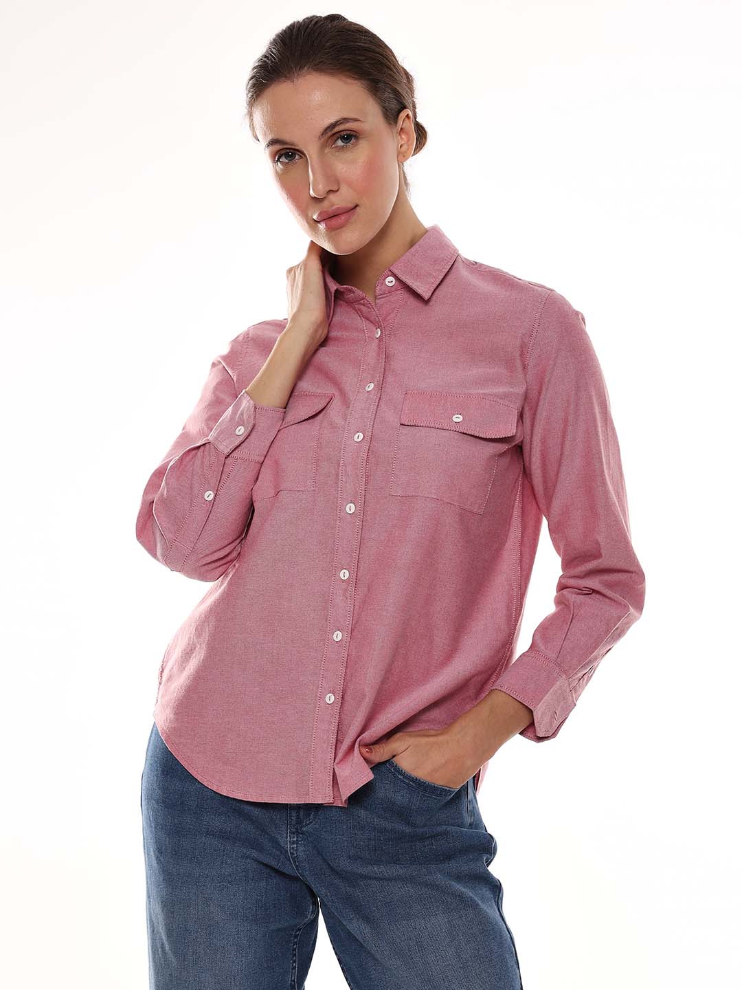 Aura Red Oxford Cotton Chambray Shirt for Women - Lisbon Fit from GAZILLION - Front Look