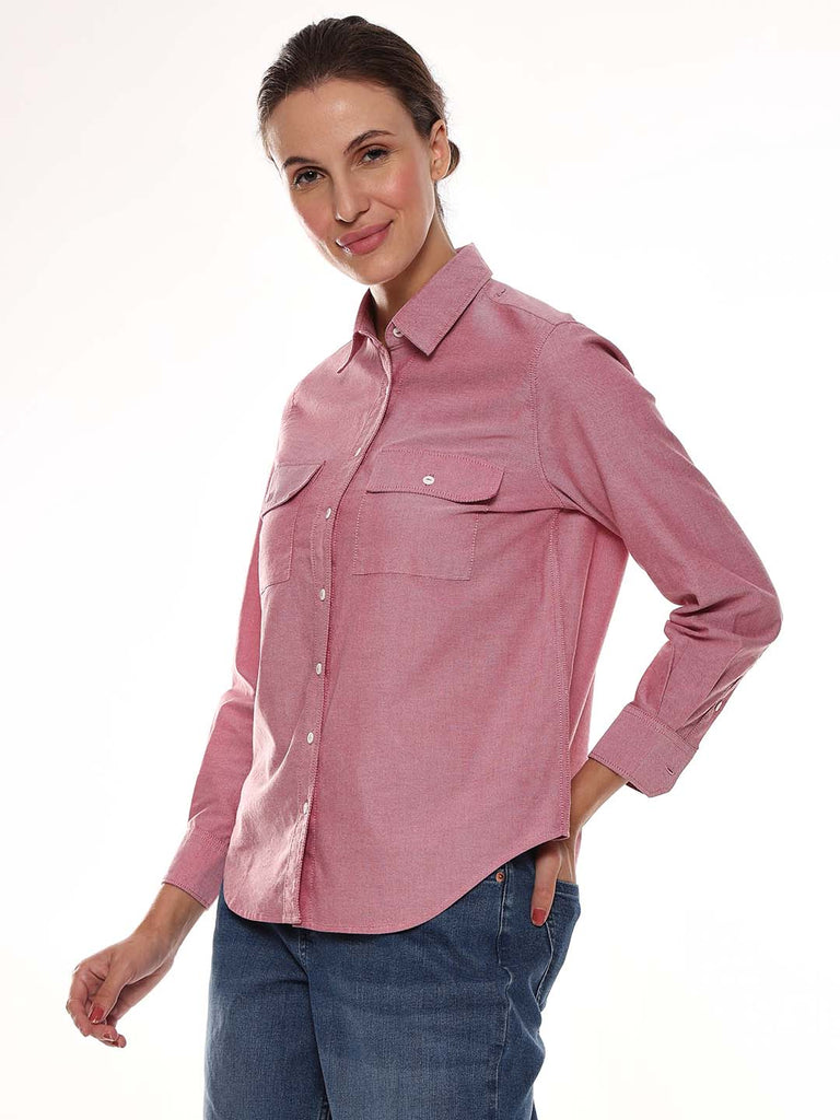 Aura Red Oxford Cotton Chambray Shirt for Women - Lisbon Fit from GAZILLION - Left Side Look