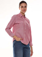 Aura Red Oxford Cotton Chambray Shirt for Women - Lisbon Fit from GAZILLION - Right Side Look