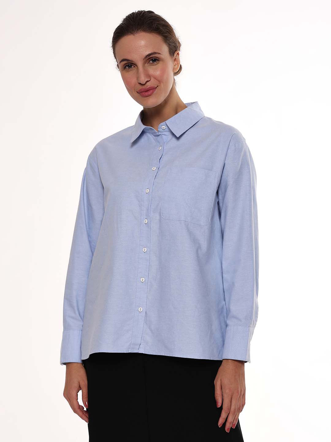 Ava Sky Blue Oxford Cotton Oversized Shirt for Women - Copenhagen Fit from GAZILLION - Front Look