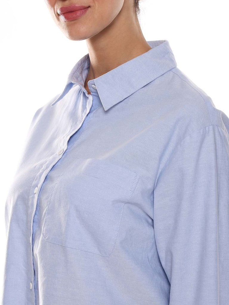 Ava Sky Blue Oxford Cotton Oversized Shirt for Women - Copenhagen Fit from GAZILLION - Left Side Detail