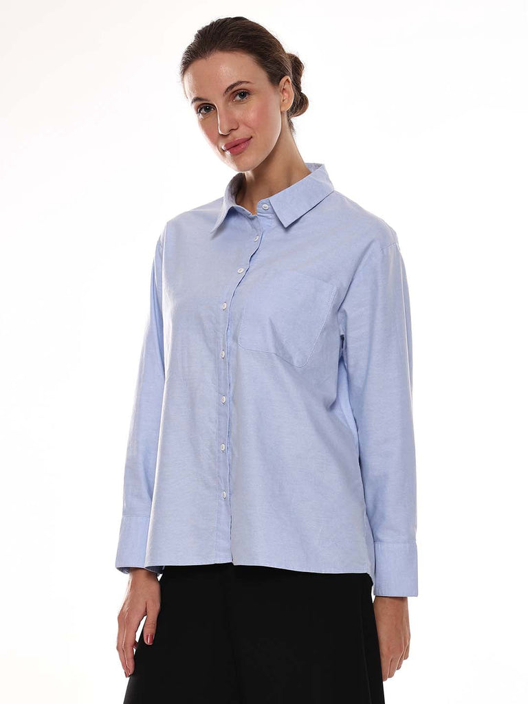 Ava Sky Blue Oxford Cotton Oversized Shirt for Women - Copenhagen Fit from GAZILLION - Left Side Look