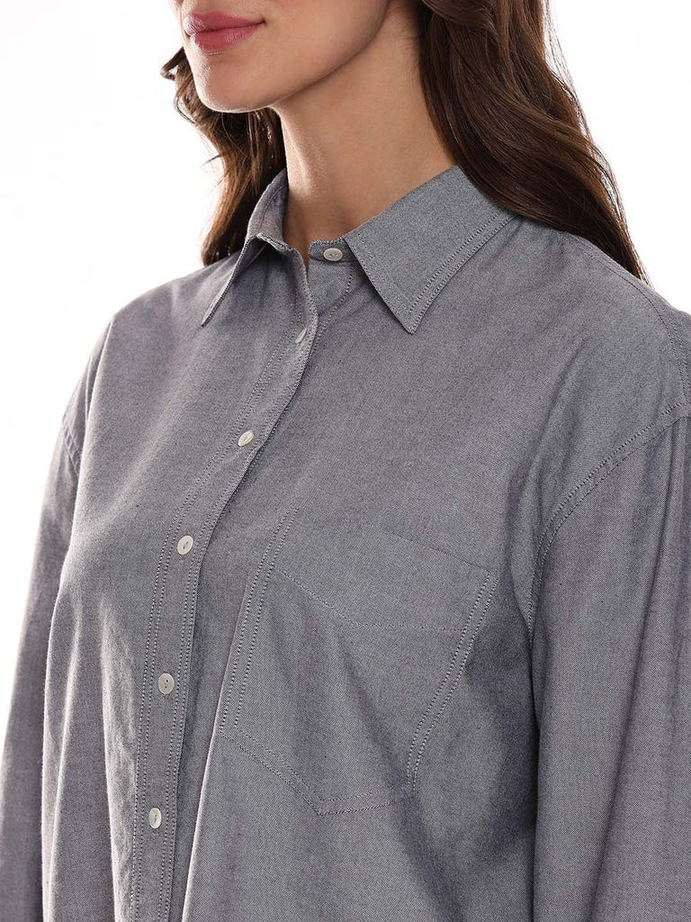 Avery Grey Oxford Cotton Oversized Shirt for Women - Brussels Fit from GAZILLION - Left Side Detail