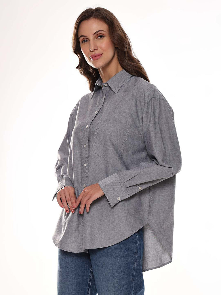 Avery Grey Oxford Cotton Oversized Shirt for Women - Brussels Fit from GAZILLION - Left Side Look