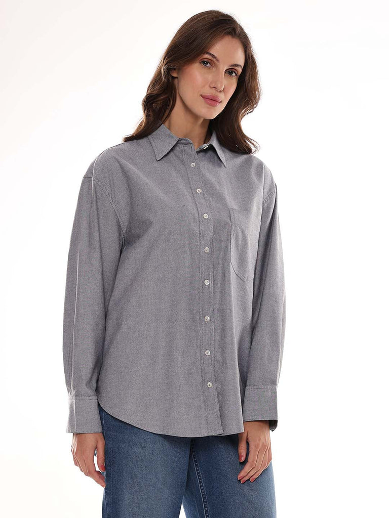 Avery Grey Oxford Cotton Oversized Shirt for Women - Brussels Fit from GAZILLION - Right Side Look