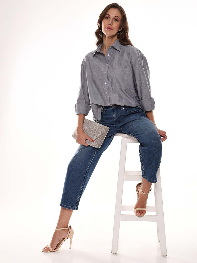 Avery Grey Oxford Cotton Oversized Shirt for Women - Brussels Fit from GAZILLION - Seated Stylised Look