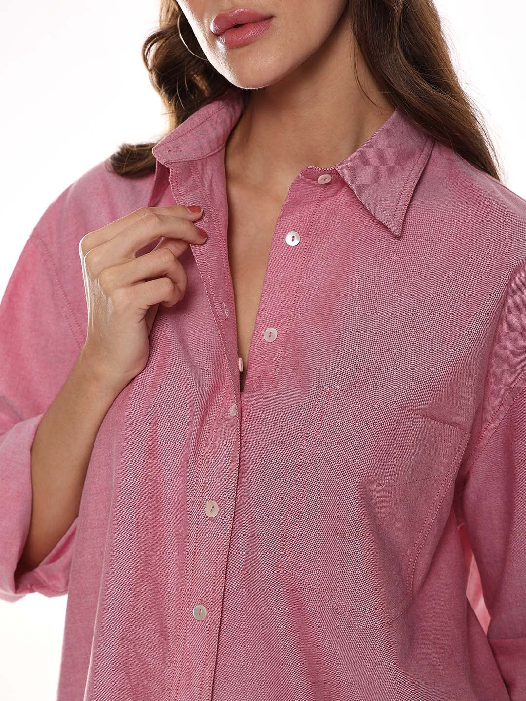 Avery Red Oxford Cotton Oversized Shirt for Women - Brussels Fit from GAZILLION - Dignity Buttons Detail