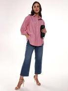 Avery Red Oxford Cotton Oversized Shirt for Women - Brussels Fit from GAZILLION - Standing Stylised Look With Accessories